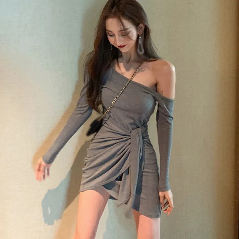

Autumn High Quality Women's Dress Women's Korean Solid Sloping Shoulder Slim Long Sleeve Casual Lace Up Asymmetrical Dress