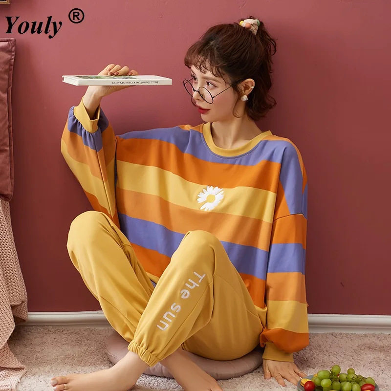 Nightwear Long Sleeve Cotton Pajamas Sets Women 2021 Casual Loose Autumn Pajama Set Print Sleepwear Outwear Pants