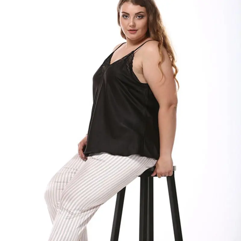 Большие размеры пижамы для женщин кружева v образным вырезом в полоску на