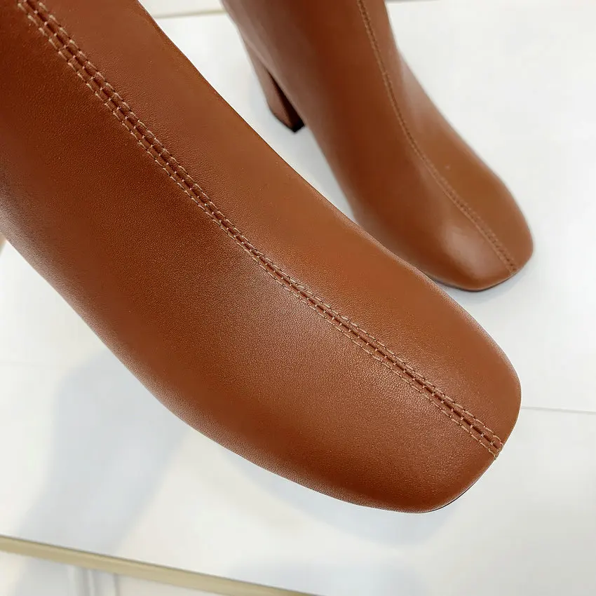 QUTAA PU Leather Ankle Boots Super Square High Heel Women Shoes Zipper Autumn Pointed Toe Motorcycle Casual Big Size 34-43