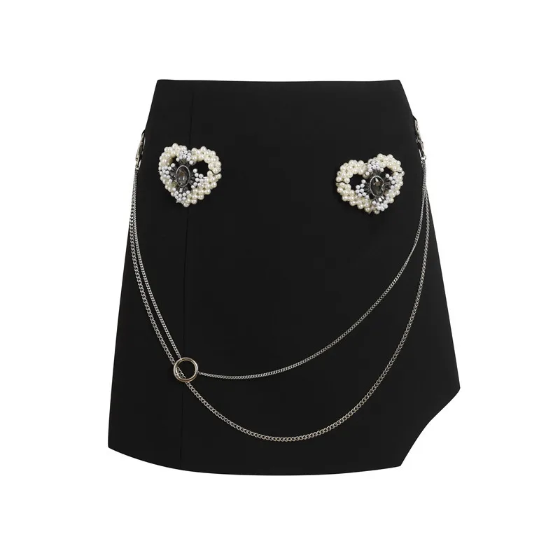 

Street Fashion Chain High Waist A-Line Short Black Skirt Female Summer Love Beading Tide Brand New Women Clothes