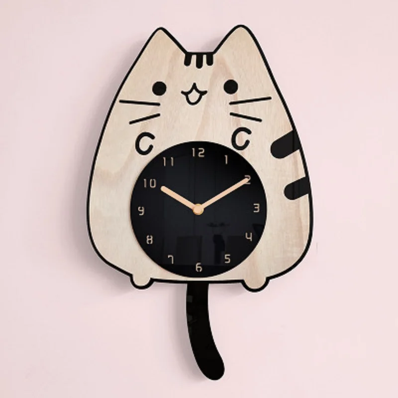 Wooden Cartoon Wall Clocks Baby girls Children's Room home Decoration Cat Wagging Tail Design Creative Silent Swinging Clock | Дом и сад