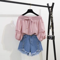 2020 summer two piece set new off shoulder loose half lantern sleeve solid cute blouse jean shorts two piece outfit casual sets