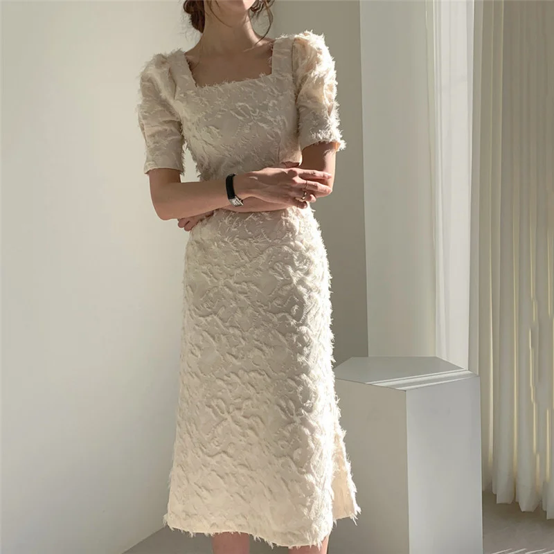 

Feather Tassel Long Midi Dress Women Square Collar Korean Short Sleeve Backless Bodycorn Dress Slim Vintage Party Dress B086