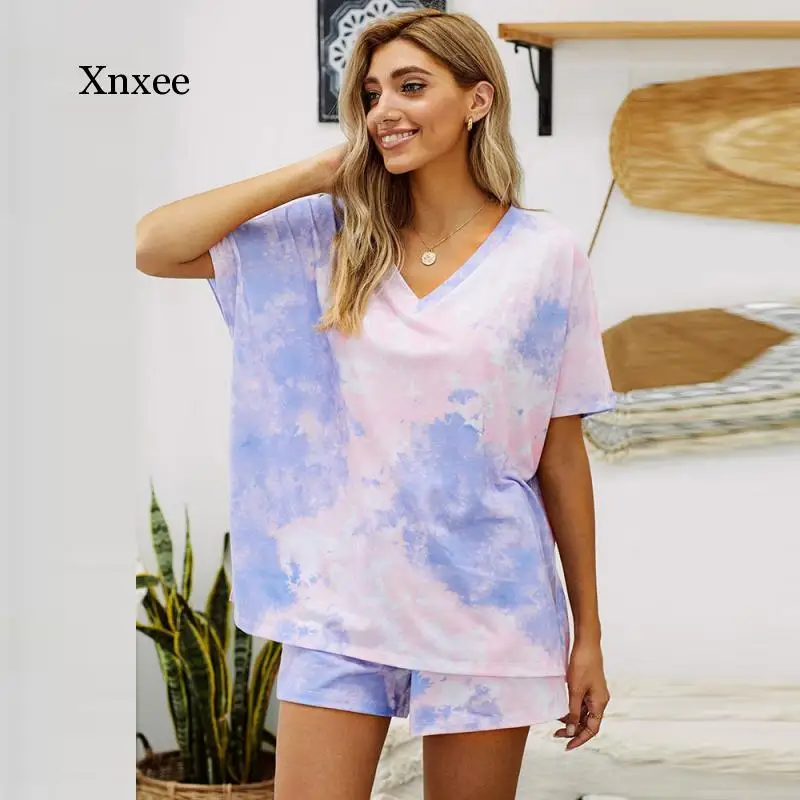 

Casual Summer Leopard/tie-Dye Print Pajamas Set for Women Shorts Lounge Sets Short Sleeve Loose T-Shirt + Shorts 2 Piece