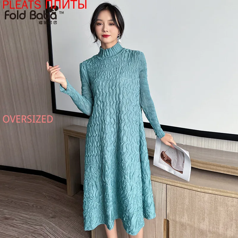

Autumn and Winter New High-neck Pleated Embroidered Dress Long Skirt Solid Color Miyake Pleated Urban Women PLEATS Elegant Robe