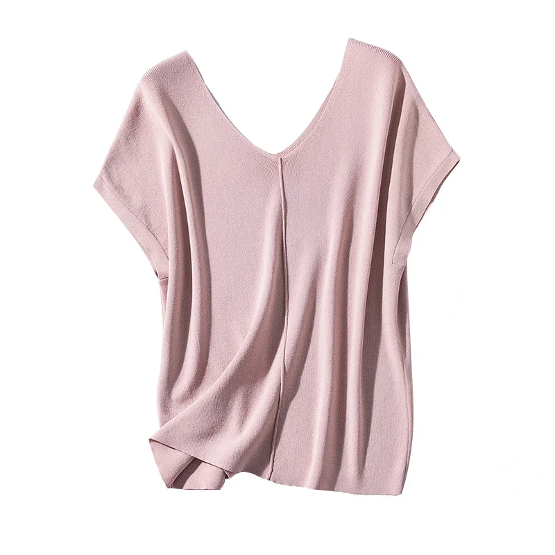 

Korean-Style All-match Solid Color and V-neck Bottoming Shirt Sexy Loose Slimming V-neck Sweater Short-Sleeved Top Women