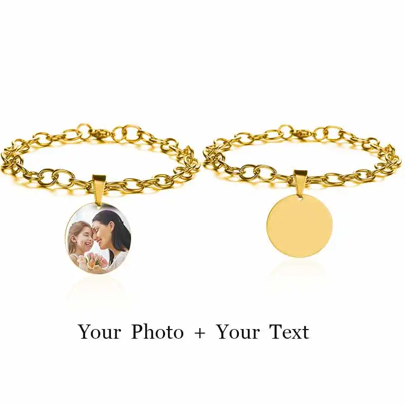 Custom Round Gold Браслет на заказ с выгравированным именем и датой Pulseira, нержавеющая сталь, персонализированная табличка, фото, браслет для женщин, ID, лучший друг, подарок - Окраска металла: Custom Round Gold