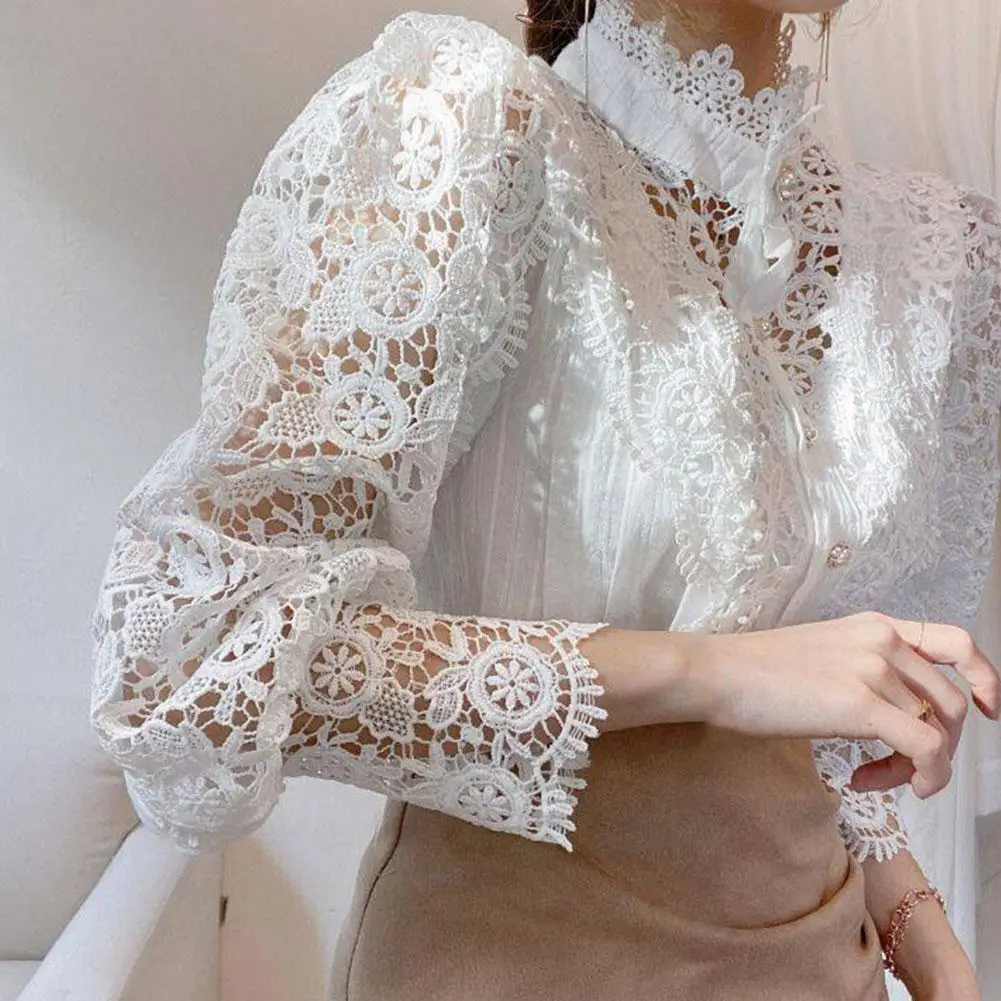 New 2021 Sweet Hollow Out Lace Patchwork Women Blouse Shirt Flower Stand Collar Button Sleeve White Top Petal Blusas V5L5
