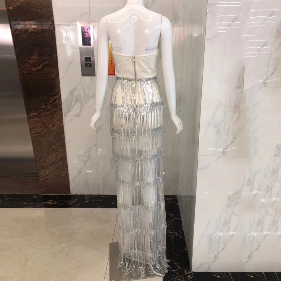 

Ailigou 2021 New Summer Ladies Bandage Dress Sexy V-Neck Tassel Silver Club Dress Vestidos Elegant Long Celebrity Banquet Dress