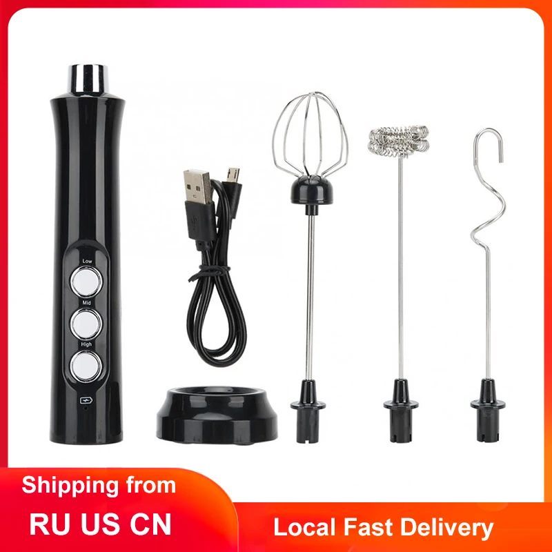 

USB Electric Milk Frother 3 Speeds Cappuccino Coffee Foamer 3 Whisk Handheld Egg Beater Hot Chocolate Latte Drink Mixer Blender