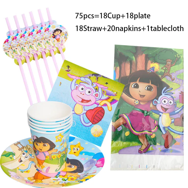 

75pcs Baby Shower Supplies Dora the Explorer Birthday Party Supplies Disposable Party Tableware Napkin Plate Tablecloth Banner