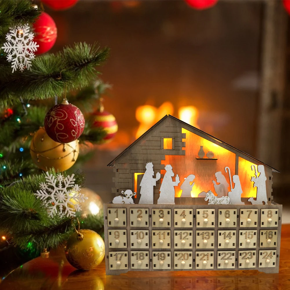 

Christmas LED Light Wooden Advent Calendar Cabinet Nativity Manger Decor Xmas Ornaments DIY Gift Happy New Year