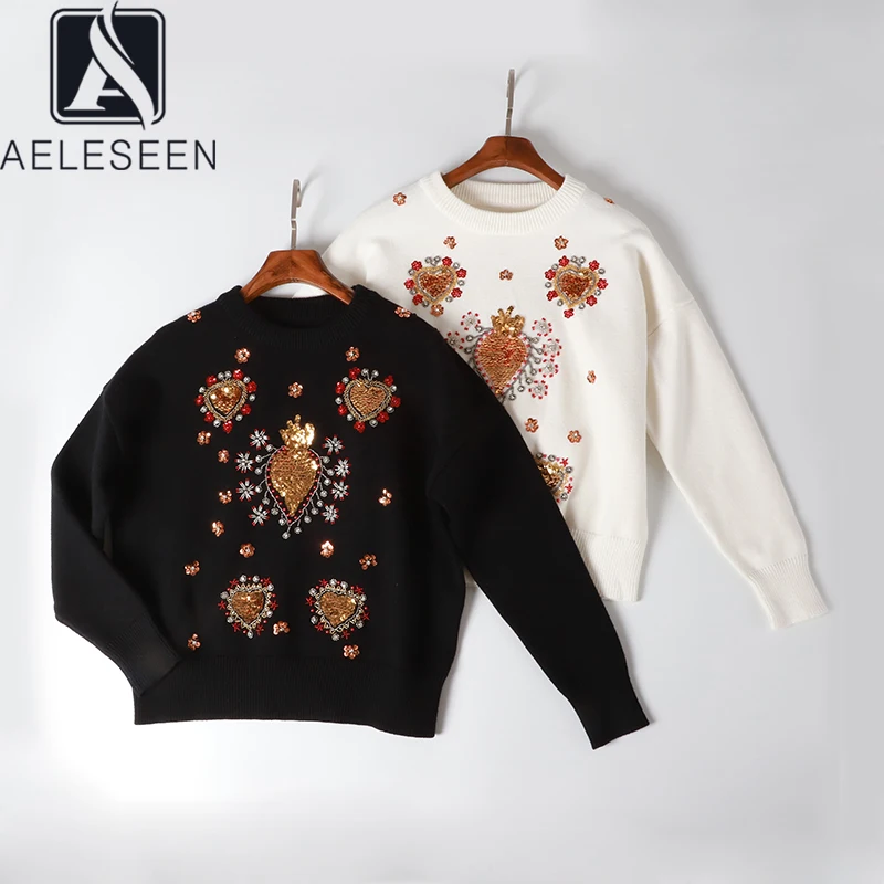 AELESEEN Новое поступление весна Высокое качество Вязание Для женщин взлетно-посадочной полосы дизайн, расшитые блестками, с клубничным рисунком, роскошный свитер «Diamonds»