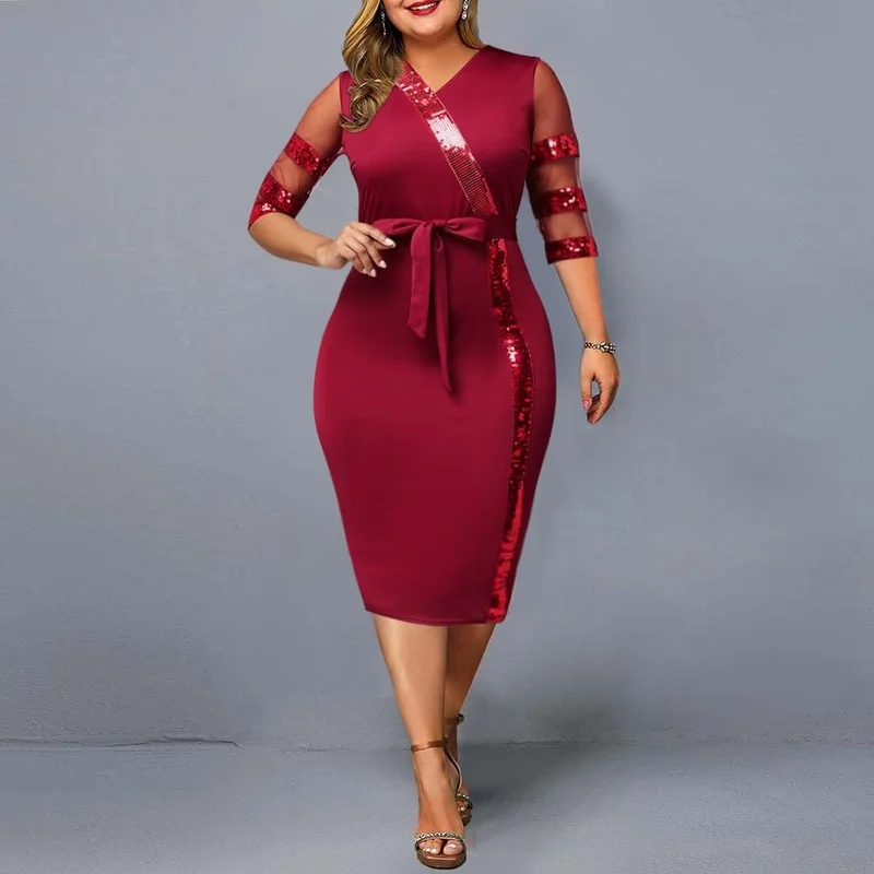 

Plus Size Dresses Elegant Sequin Stitching Wedding Party Dresses 2023 New Women Mesh V-Neck with Belt Evening Prom Dress 4XL 5XL