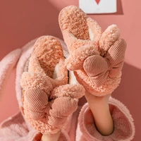 hot sale winter slippers for man indoor bow knot warm women slippers soft plush floor shoes couples home platform cotton slides