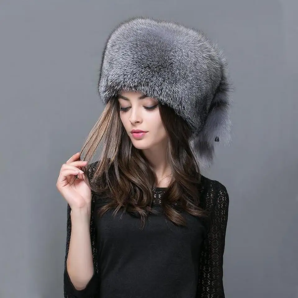 FXFURS осень и зима Новая женская шапка из натурального меха енота русская меховая шапка из натурального Лисьего меха купольная монгольская шапка FXH-161013 - Цвет: Nature grey
