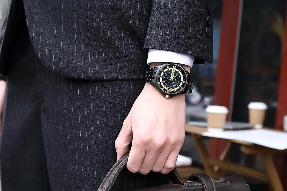 

CURREN Luxury Black Watches Mens Dial Quartz Watch Waterproof Business Wristwatch Stainless Steel Sport Men Clock