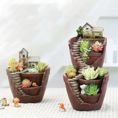 

American style country multi meat plant round flowerpot sky garden multi-layer balcony garden office table top decoration