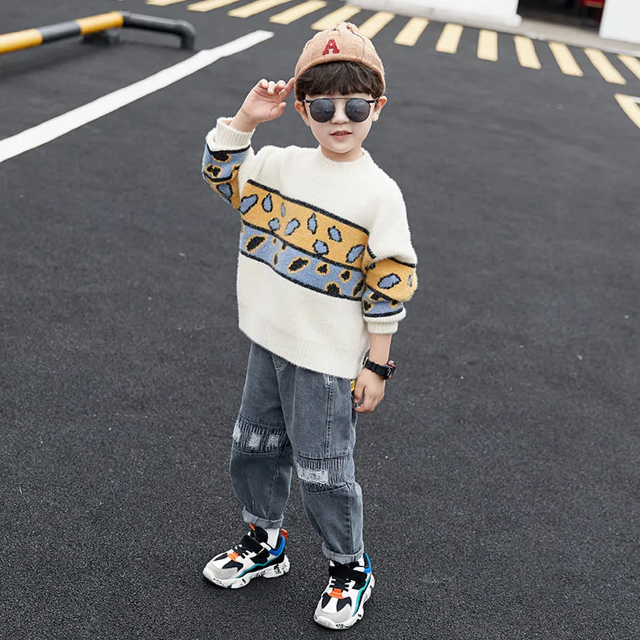 Свитера для мальчиков свитер в стиле пэчворк вязаный детский джемпер с круглым