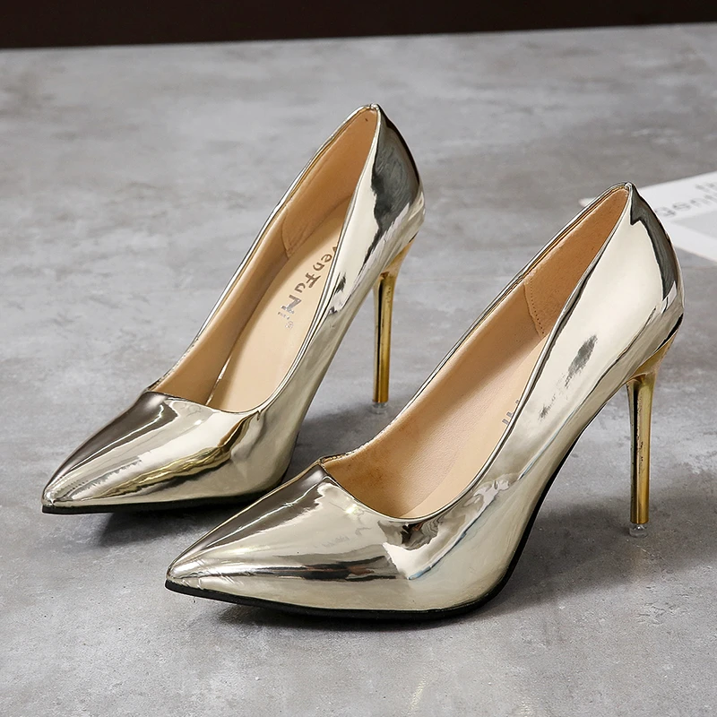 

Women Fashion Sweet Silver Square High Heel Pumps Lady Casual Golden 10cm High Heel Pumps Mujer Tacones Altos Size 44