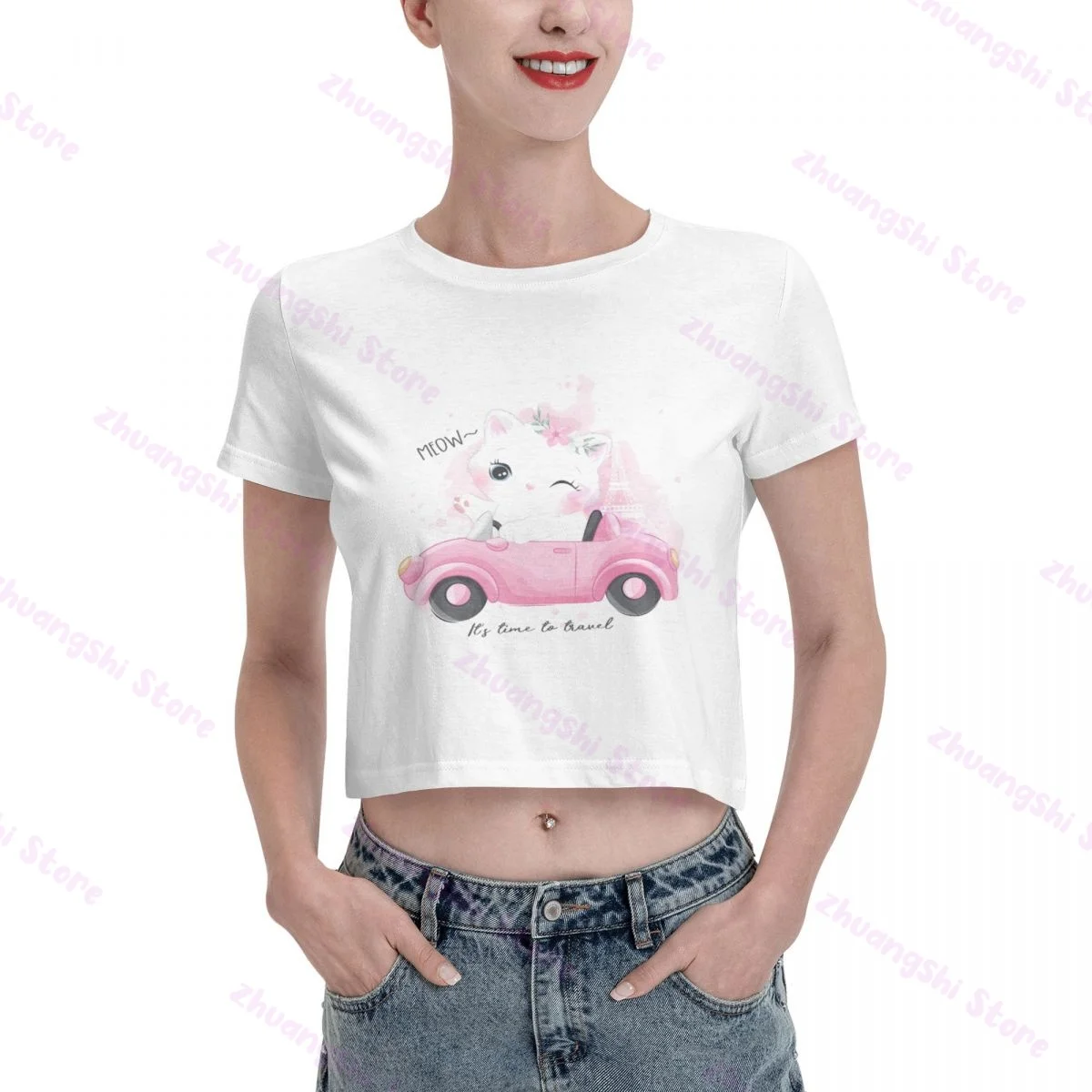 

Hand Drawn Cute Cat For Young fashion women's crop T
