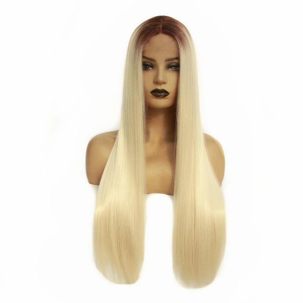 

Glueless Long Straight Hair Dark Roots Ombre Blonde Synthetic Lace Front Wigs for Black Women Heat Resistant Soft Hair 24inch