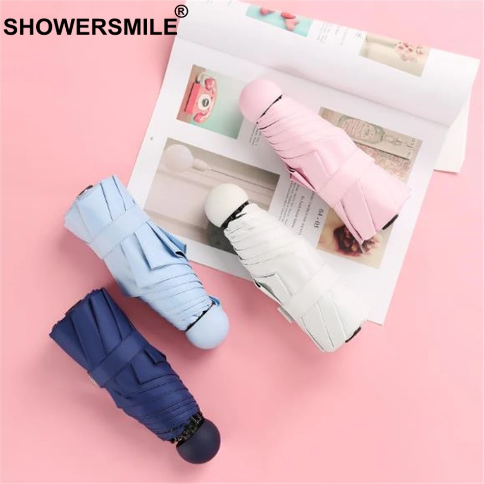 Складной мини зонт SHOWERSMILE Женский дорожный зонтик 5 раз с черным покрытием белым
