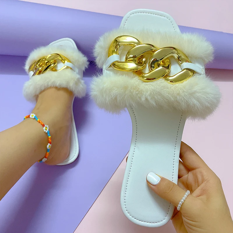

New Women 2021 Flats Slippers Furry Flip Flops Indoor Shoes Fashion Female Metal Casual House Slides Summer Ladies Fur Slippers