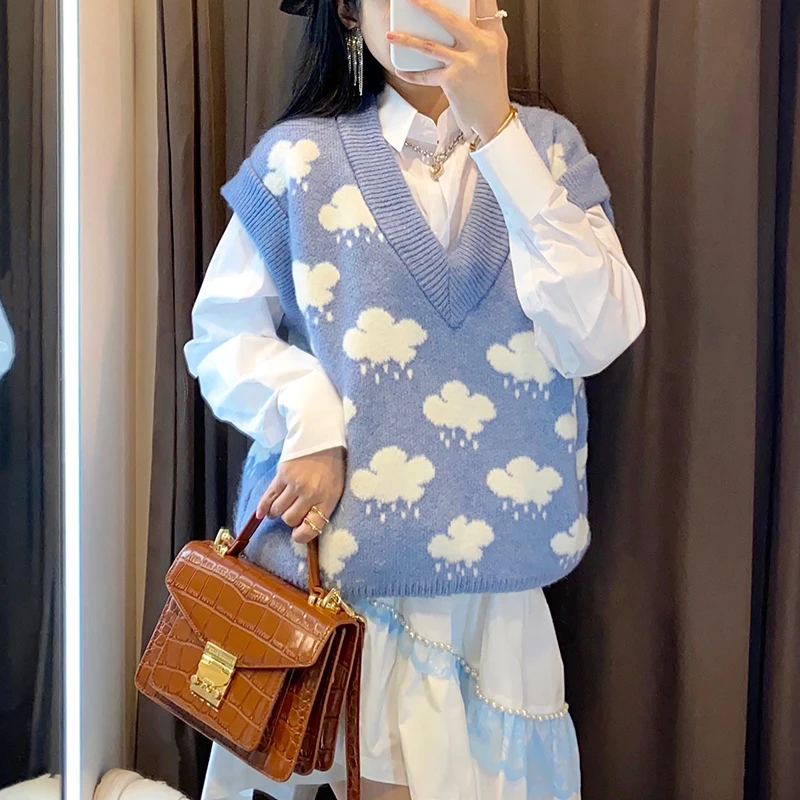 

Streetwear V Neck Cloud Pattern Sweater Vest Women Sleeveless Casual Slim Vest Chic Leisure Pullovers Knitted Vests Tops