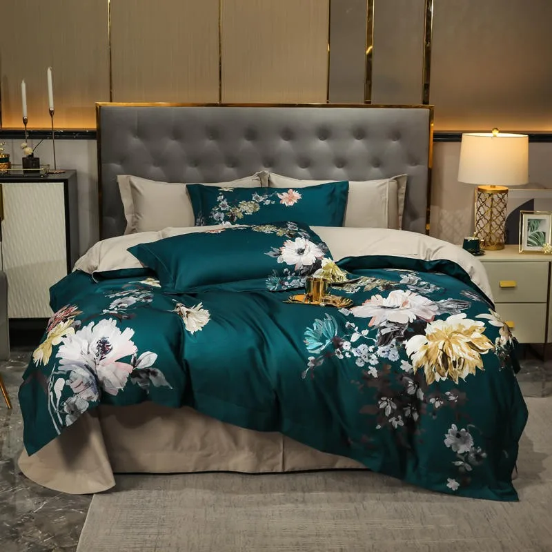 

Vintage Dark Green Blossom Duvet Cover Set King Queen Double Soft Egyptian Cotton Comforter Cover Zipper Bed Sheet Pillowcases