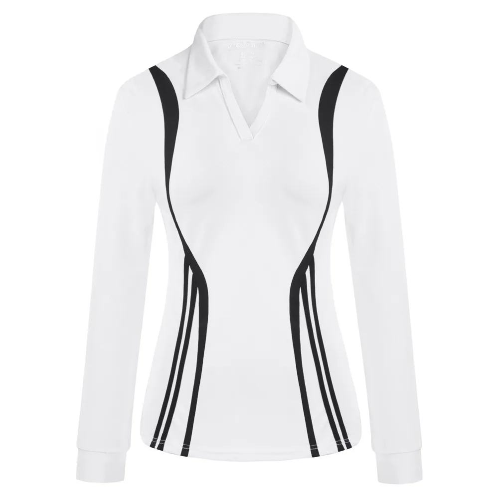 

JS Women Contrast Color Polo-Shirt Long Sleeve Lapel Collar V-Neck Tops Long-sleeved Lapel Contrast Color Sports Shirt