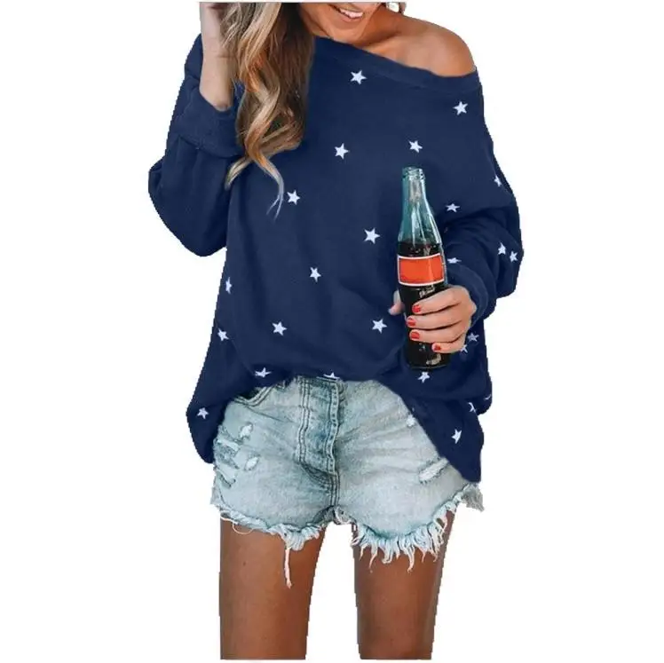 Осень женская футболка с длинным рукавом звезда открытыми плечами Хлопок