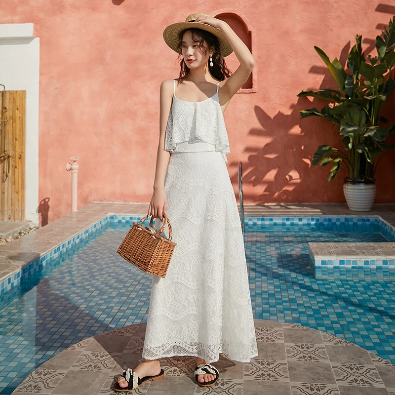 

Summer Women Beach Dress New Fashion Girl White Lace Sexy V-neck Sling Backless Boho Club Party Elegant Runway Dresses Vestidos