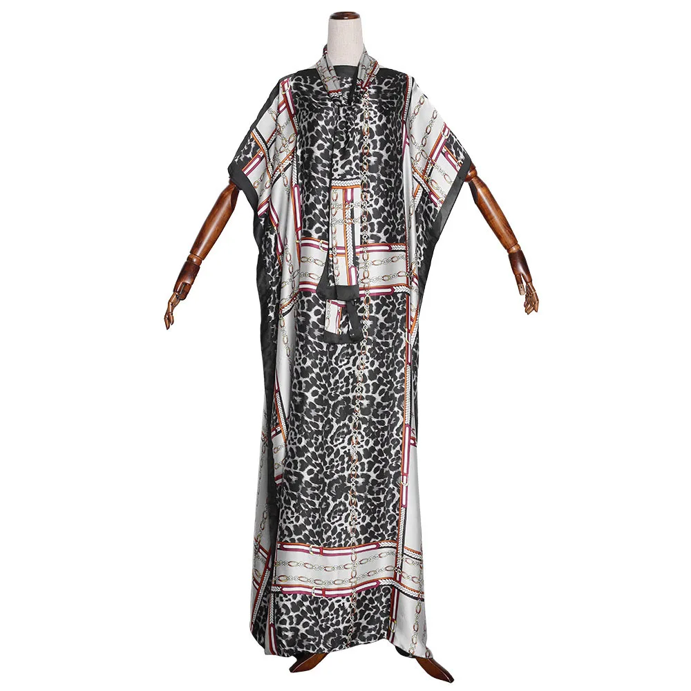 

African Women Clothing Casual Loose Stain Pattern Printed Leopard Long Robe Female Slash Neck Autumn Maxi Oversize Dress Vintage