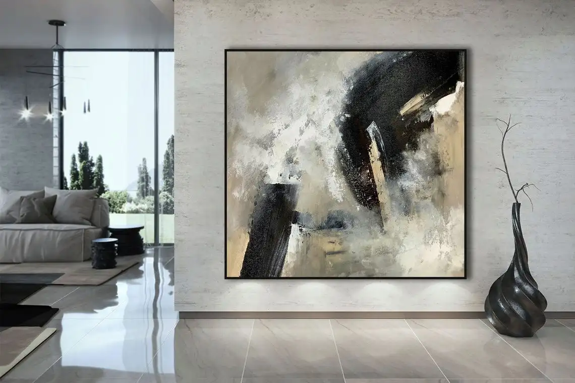 

Black and Beige Abstract Painting Textured oil painting on canvas minimalist wall art Oversize acrylic painting Room Decor