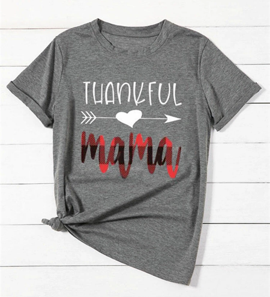 

Women O-neck Short Sleeve Women Clothes Casual Female Camisetas Mujer Thankful Print T-shirt Gray Loose Tops Tee