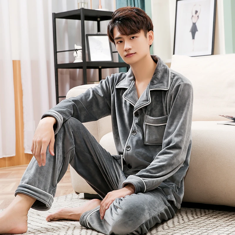 Men Pajamas Velvet Flannel 2020 Winter Warm Pajamas 2 Pcs Sleepwear Set Male Home Clothes Thick Soft Comfortable Warm Pyjamas