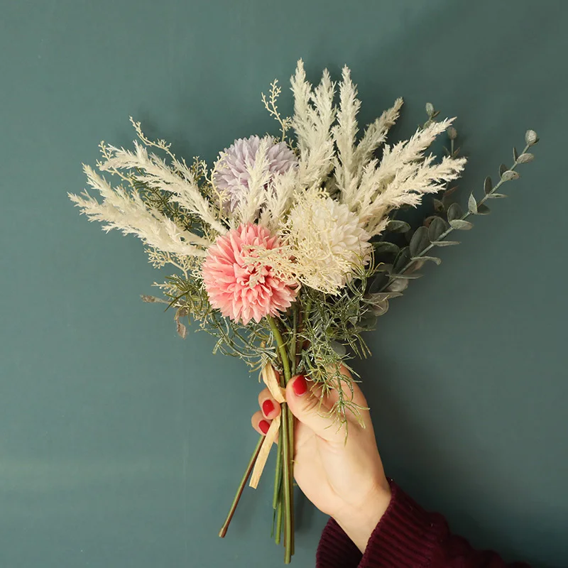 

NEW White Artificial Flowers High Quality Silk Dandelion Plastic Eucalyptus Hybrid Bouquet Wedding Home Decoration Fake Flower