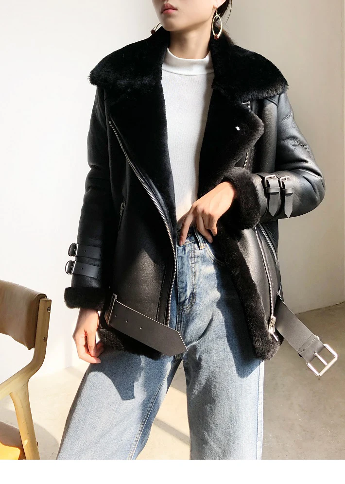 Winter Lamb Fur Bomber Real leather Jacket Women New Sheepskin Double Face Shearling Coat Oversized Genuine Leather Jackets