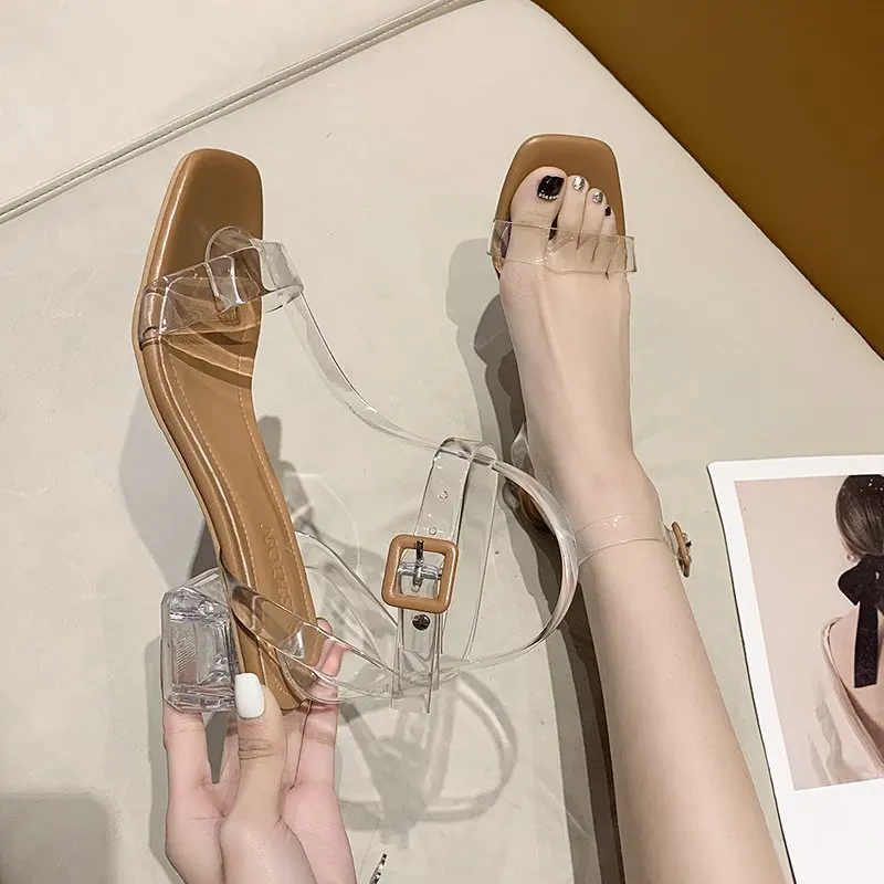 

2021 New Ladies High Heel SandalsTransparent Vamp Sexy Sandals Prom Square Toe Heels Sandals Modern Sandals