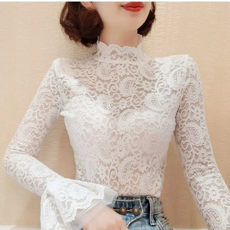 

Lace base shirt thin women's super fairy mesh high collar with flared sleeves