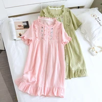 japanese summer ladies nightdress 100 cotton crepe cute skirt thin embroidery flowers short sleeved home skirt plus size sleep