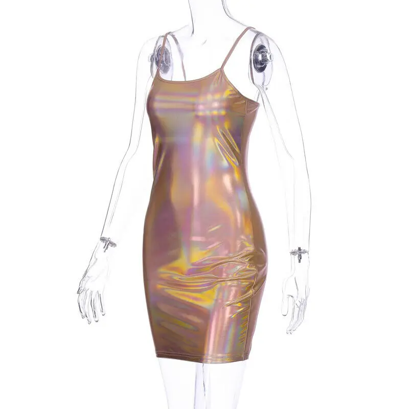 Сексуальное роскошное глянцевое женское мини платье на бретельках с V образным