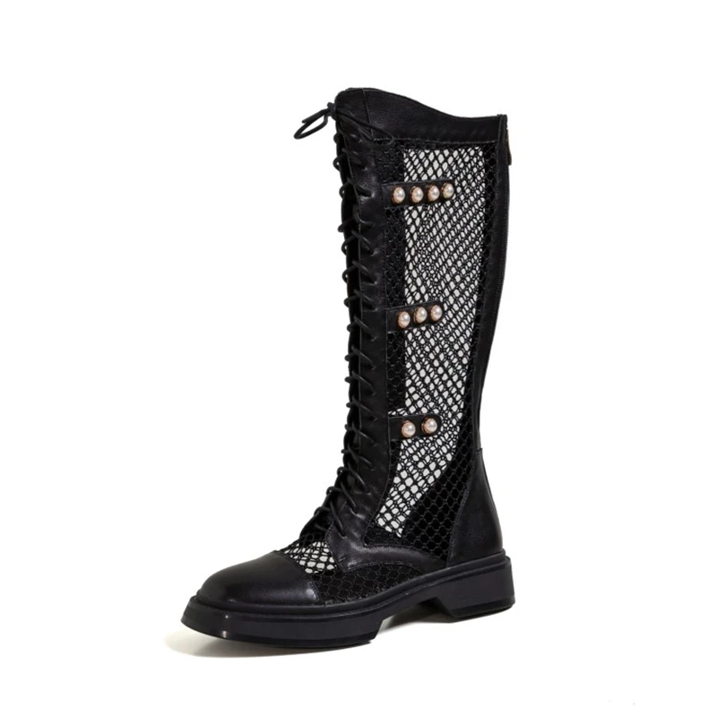 

Zippers Shoes Casual Summer Women Ankle Round Toe Square Low Pearl Mesh Lace Up Knee High Boots Female Heel Genuine Leather
