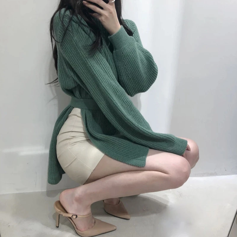 

Elegant Tunic Belted Knitted Dress Women Autumn Winter Sweater Dress Fashion Korean Turtleneck Side Split Pullover Dress Vestido