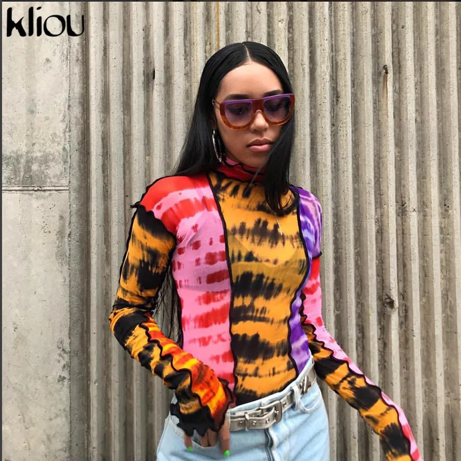 Kliou new Breathable women print t-shirt mesh material ruffles turtleneck full sleeve crop top female sexy Slim fit tops