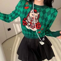 women argyle sweaters green autumn winter pullovers long sleeve o neck loose knitted korean casual vintage jumper sueter mujer