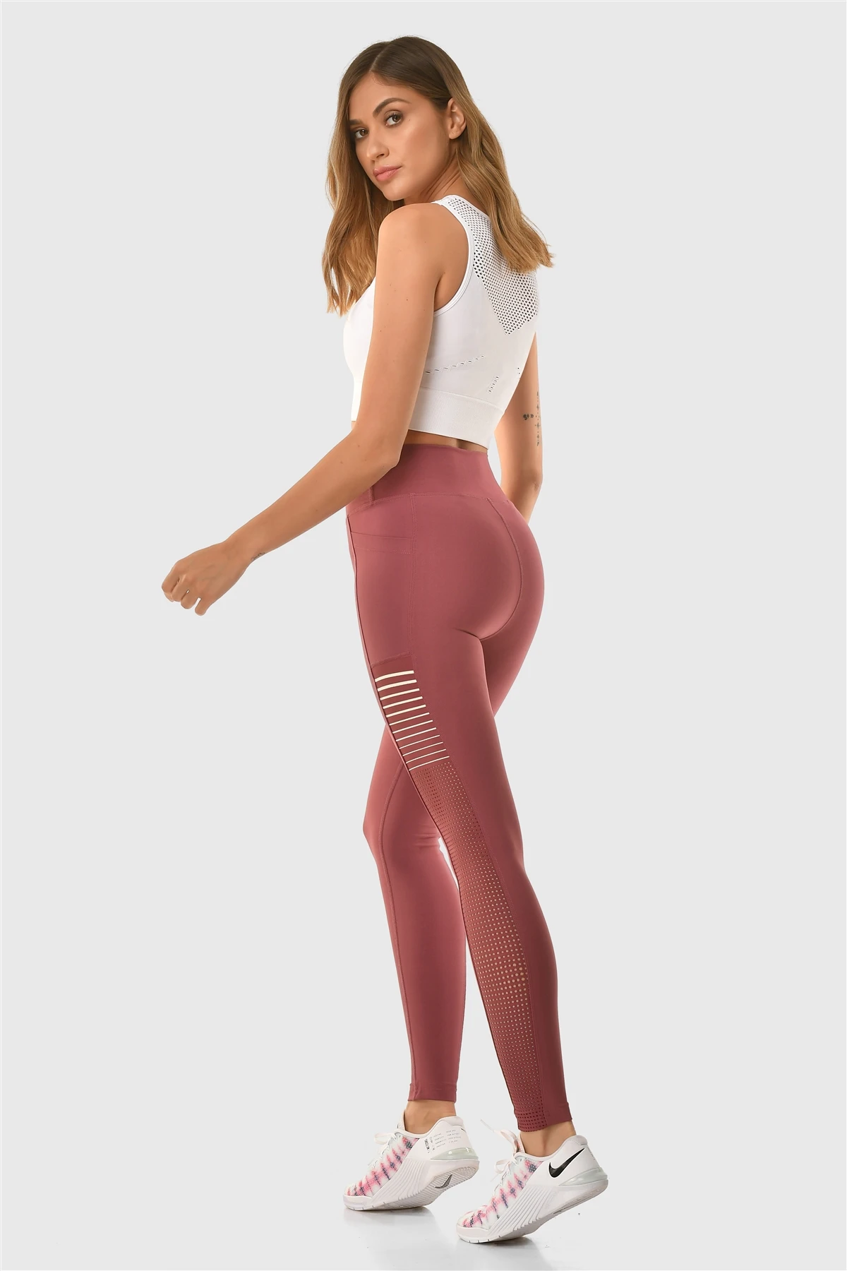 Superstacy Laser Cut Pocket High Waist Rose Dried Sports Leggings