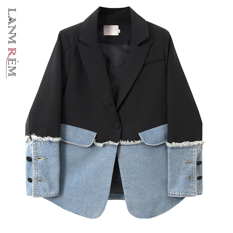 

LANMREM 2021 Autumn New Denim Stitching Irregular Suit Women Black Loose Long Sleeve Single Breasted Blazer Female Fashion 2W396